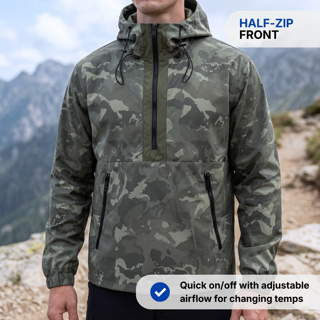 Men’s Camo Half-Zip Hooded Jacket – Lightweight Shell