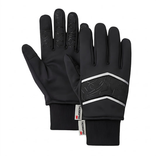 Black winter gloves with touchscreen fingertips and silver chevron stripes