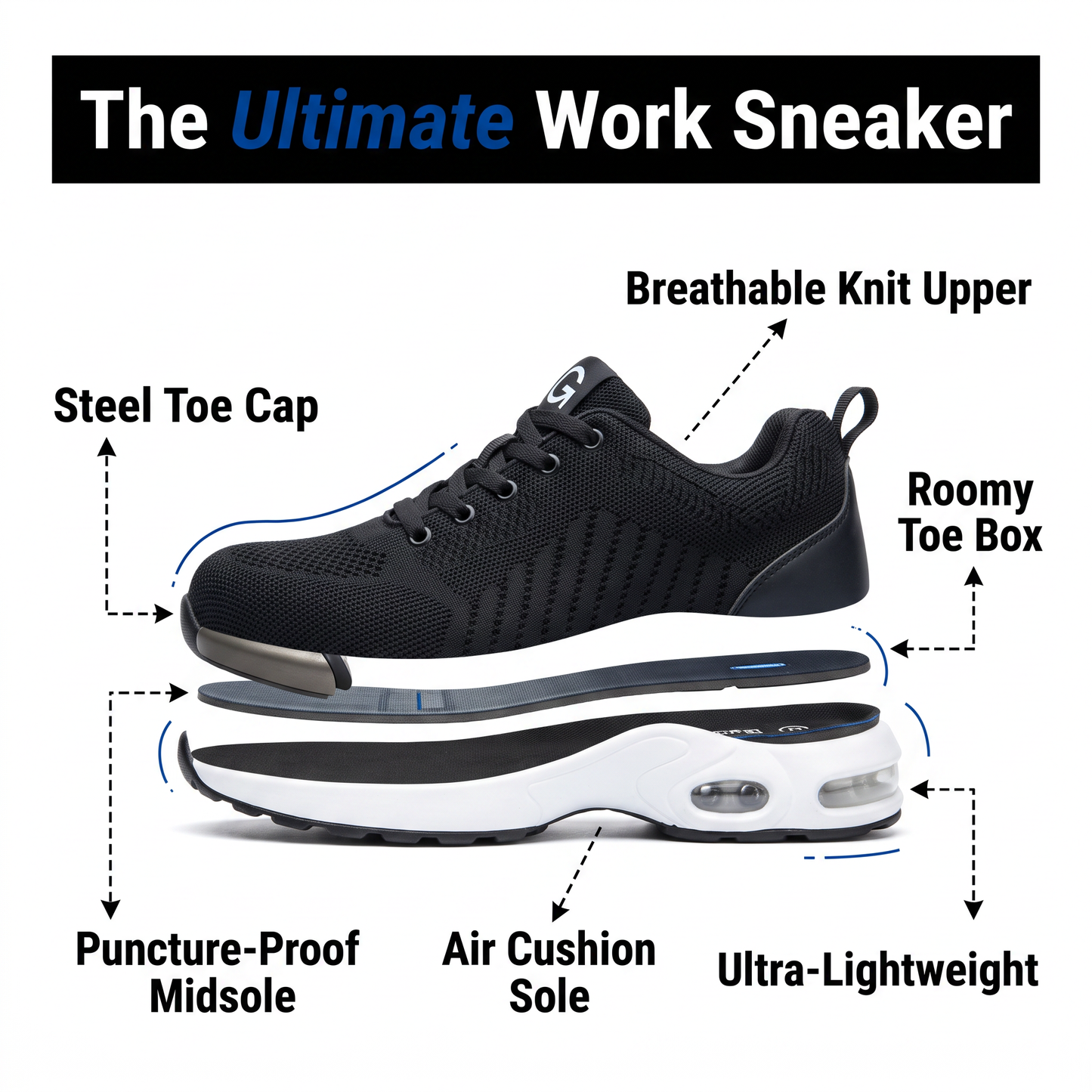 Steel Toe Shoes - Air Cushion Work Sneakers - Breathable & Puncture-Proof