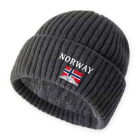 Mens Winter Hat - Plush Lined Knit Beanie - Norway Flag Embroidery