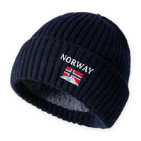 Mens Winter Hat - Plush Lined Knit Beanie - Norway Flag Embroidery