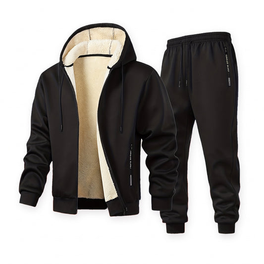 Mens tracksuit in black: plush lined hooded jacket and joggers on a white background