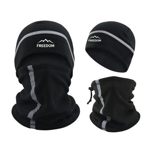 Neck gaiter and fleece beanie set in black with reflective stripes, on white
