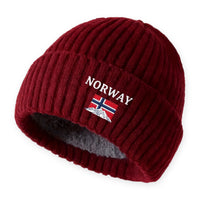 Mens Winter Hat - Plush Lined Knit Beanie - Norway Flag Embroidery