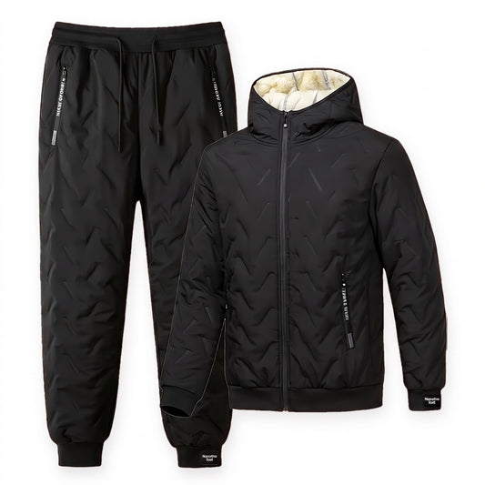 Mens jogging suit in black: quilted hooded jacket and joggers on a white background
