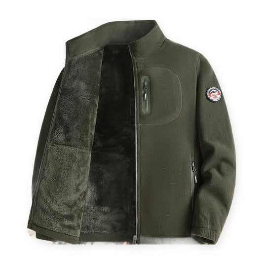 Men's fleece jacket in moss green with plush lining, on a white background
