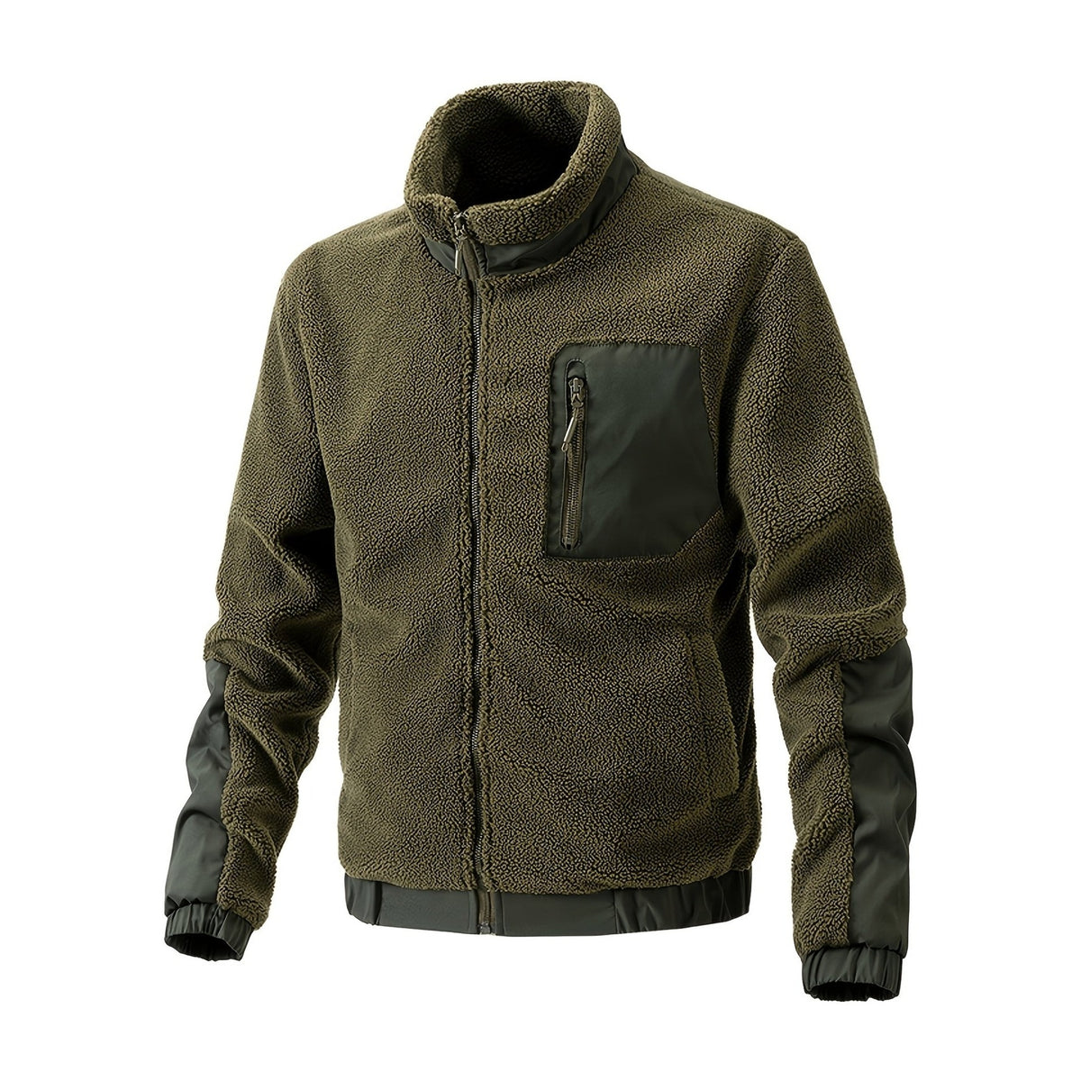 Mens Fleece Jacket - Sherpa Fleece Full Zip - Stand Collar & Chest Pocket