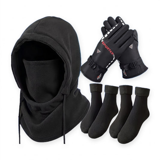 Balaclava winter set, 4-piece: balaclava, gloves and two pairs of thermal socks on a white background