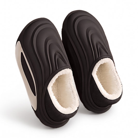 House shoes for men and women in black with a white heel oval and plush lining, on white
