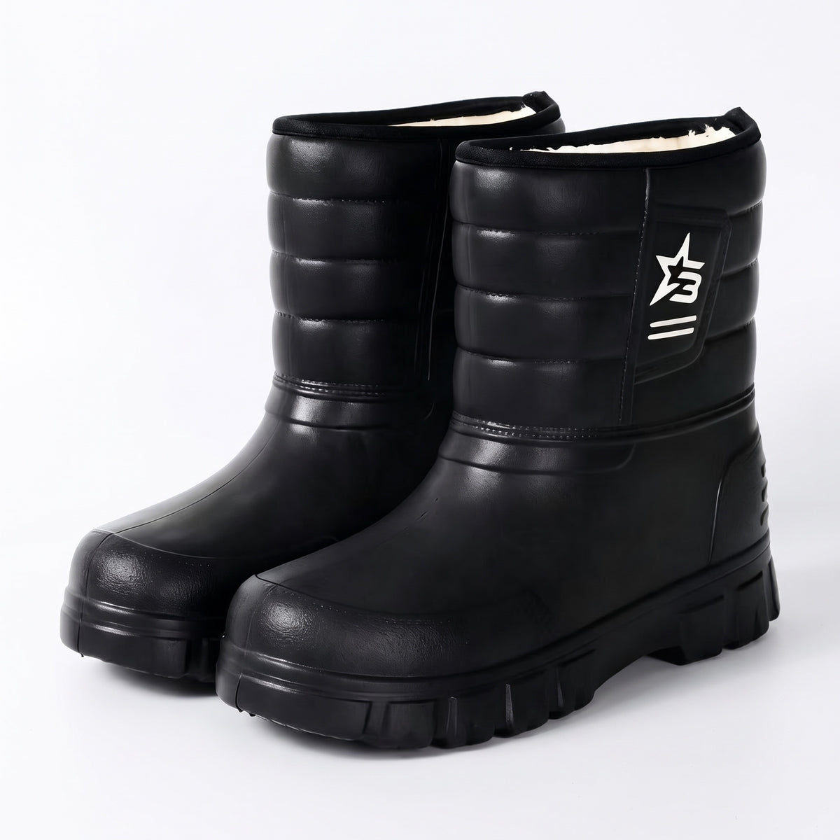Mens Snow Boots - Fleece Lined Rubber Boots - Slip On Lug Sole