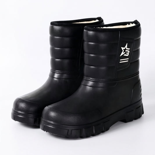 Mens snow boots in black, fleece lined slip-on rubber boots on white