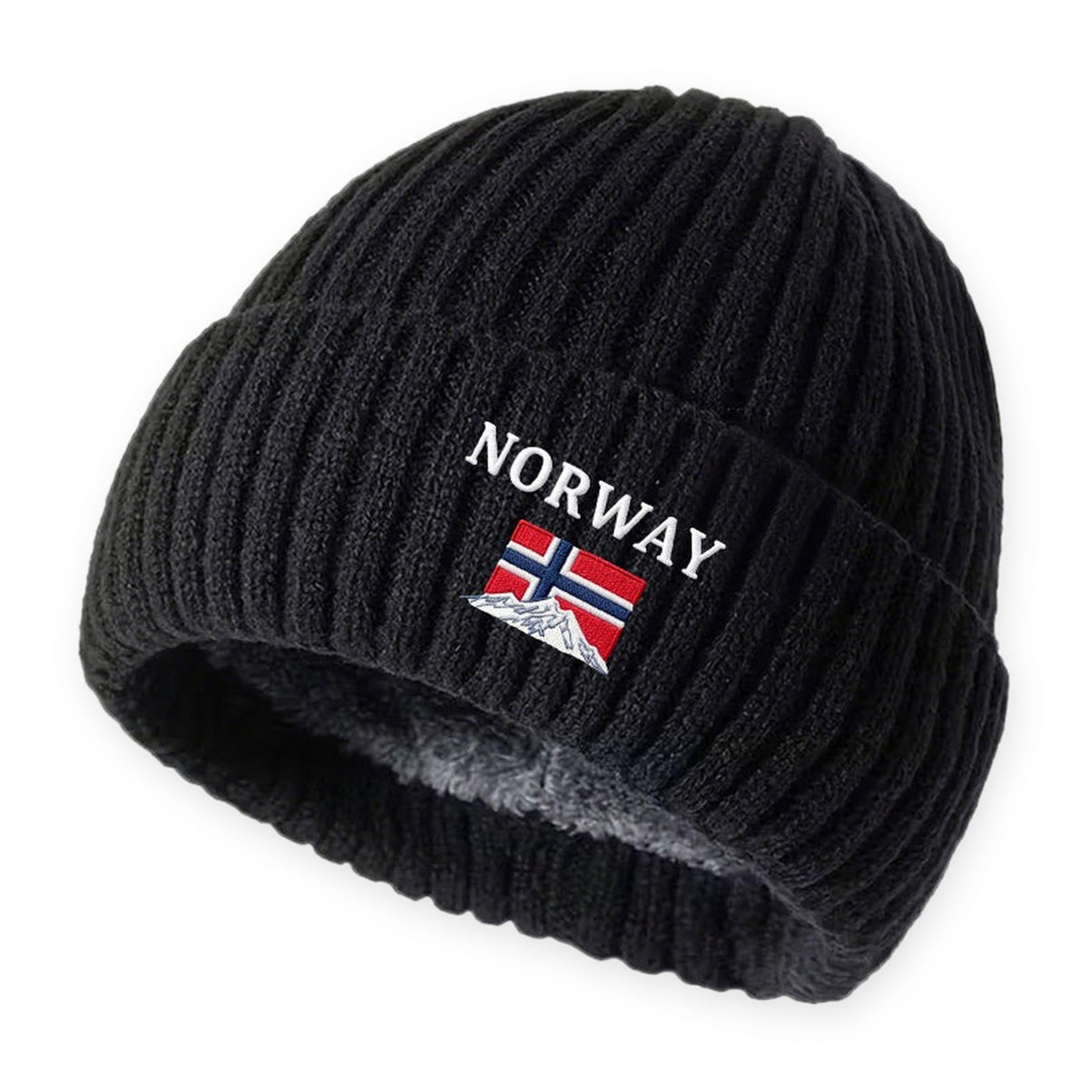 Mens Winter Hat - Plush Lined Knit Beanie - Norway Flag Embroidery