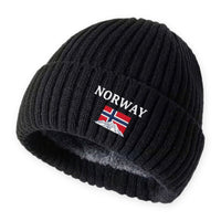 Mens Winter Hat - Plush Lined Knit Beanie - Norway Flag Embroidery