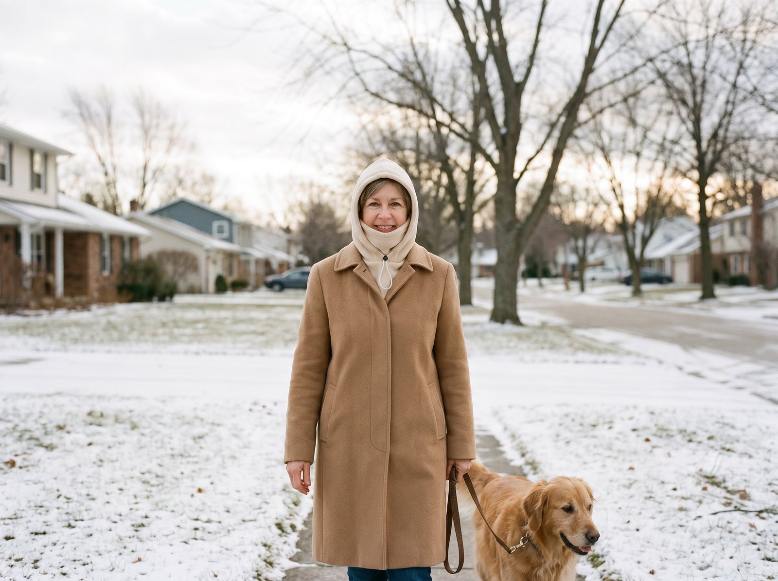 The wool coat she loves has no hood. Now it doesn't need one.