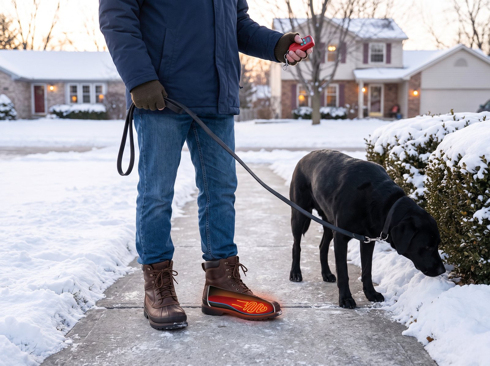 He stops to sniff. You stand still on the ice. One click and the heat starts under your feet.