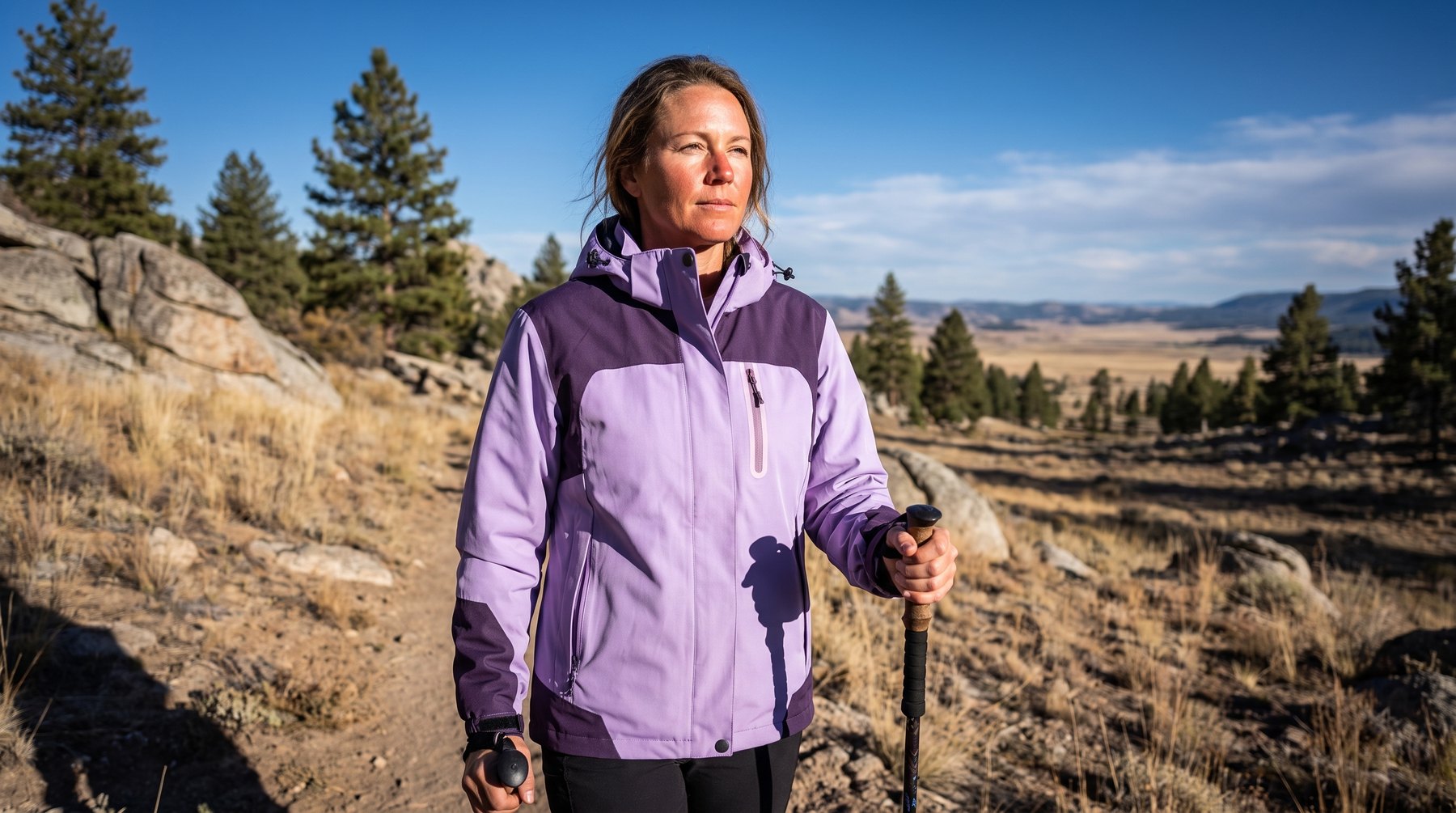 Woman in a lilac waterproof jacket on a mountain trail
