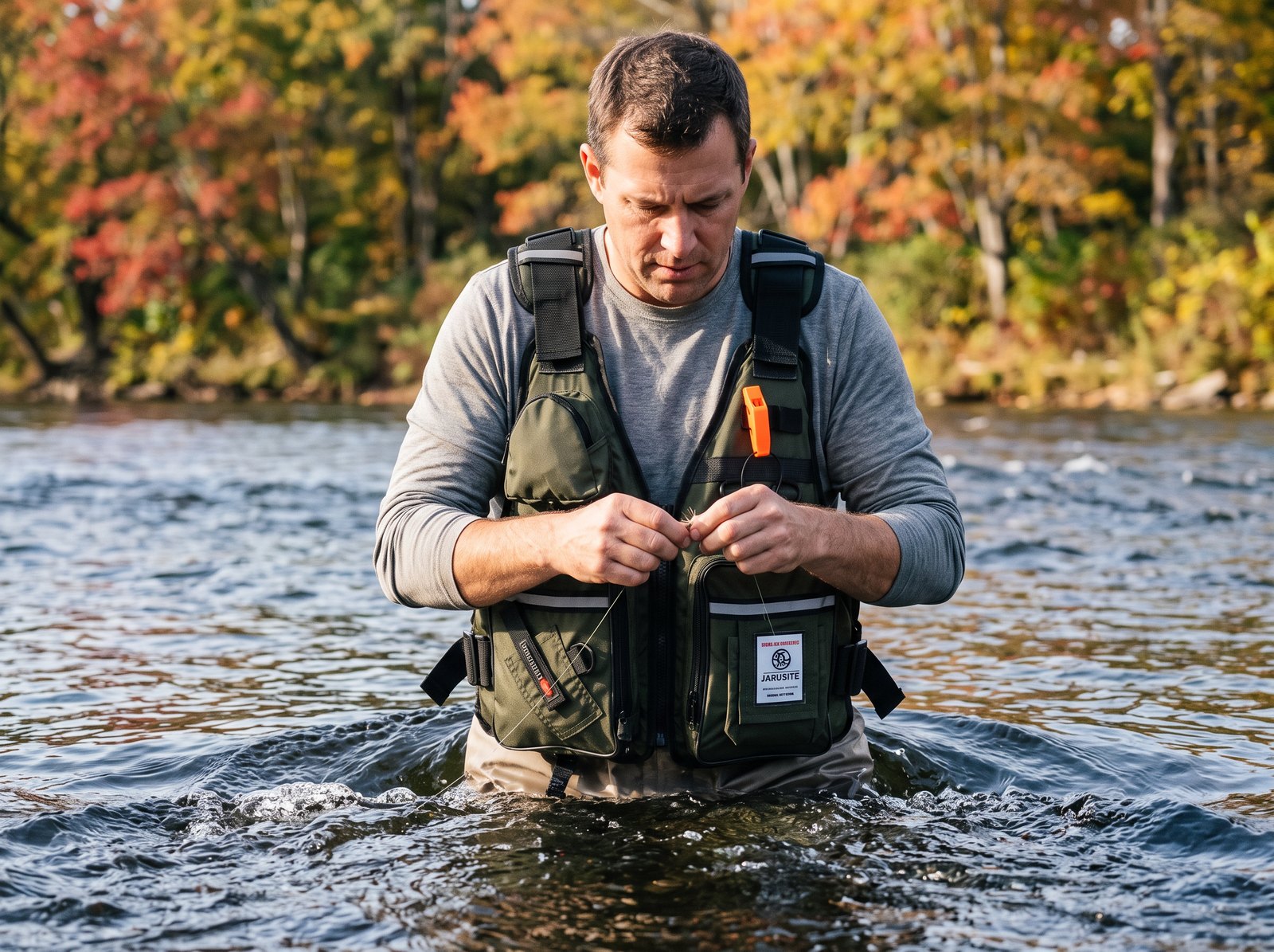 Waist deep in moving water, with both hands free to tie on.