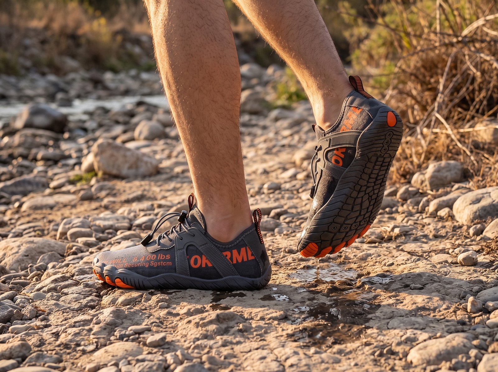 The water stops. The shoe does not — straight onto the path back.