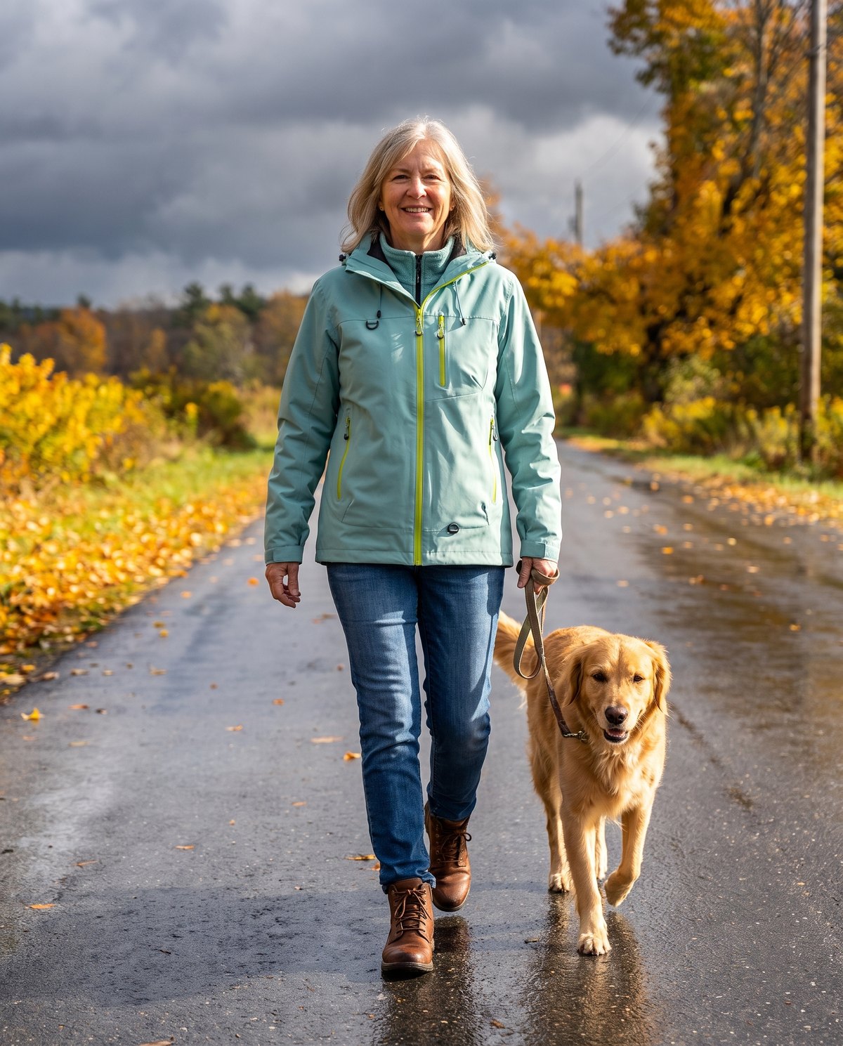 Shower at eight, sun at ten. Same walk, same jacket: hood up, then fleece out.
